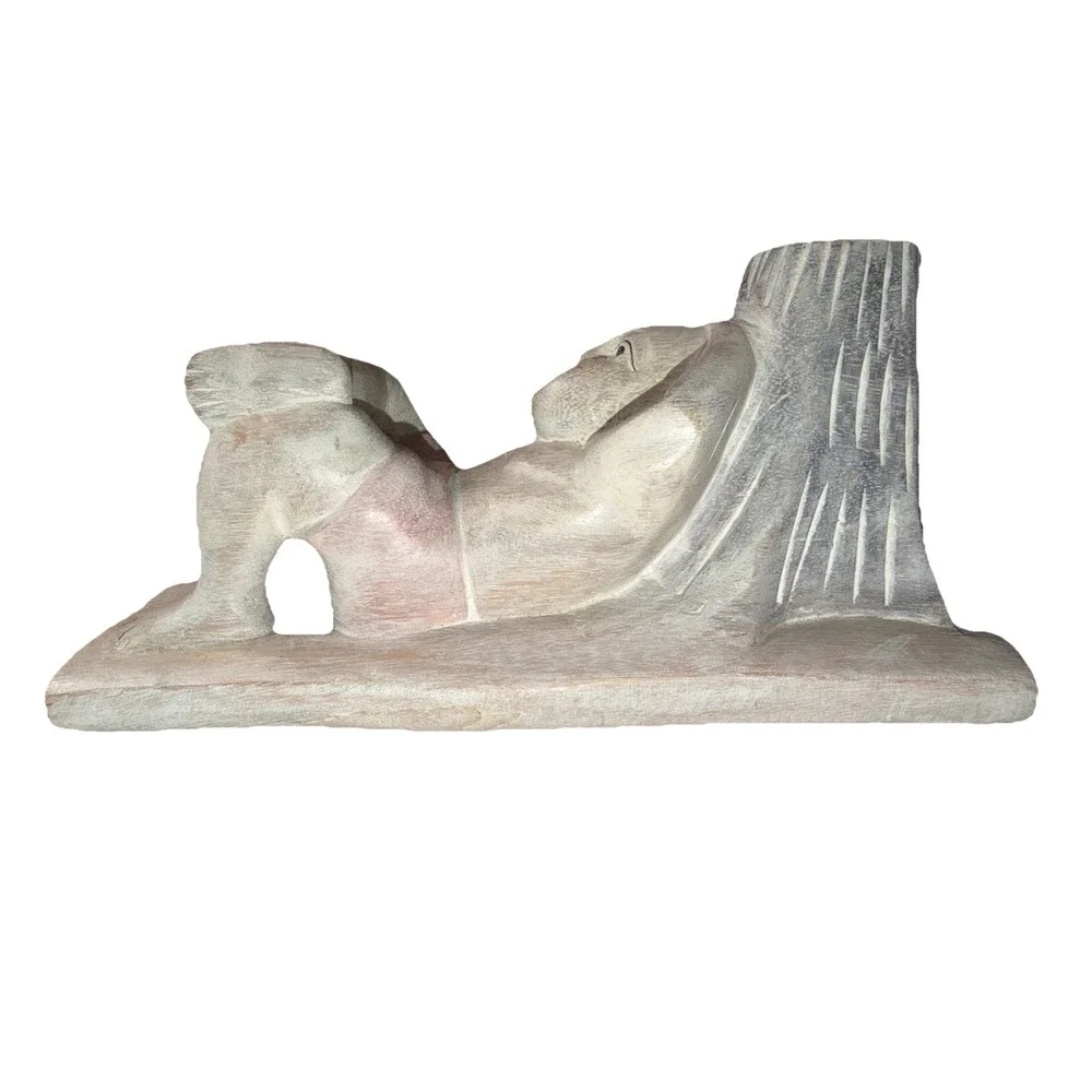 Vintage Carved Wood Figurine Asian Man Good Luck Candle Flower Holder Tabletop - Picture 4 of 8